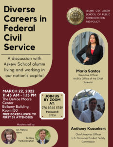 Federal Civil Service Careers Event 2022, with speakers from NASA and the US Consumer Product Safety Commission. Poster created by Katherine Stanford.